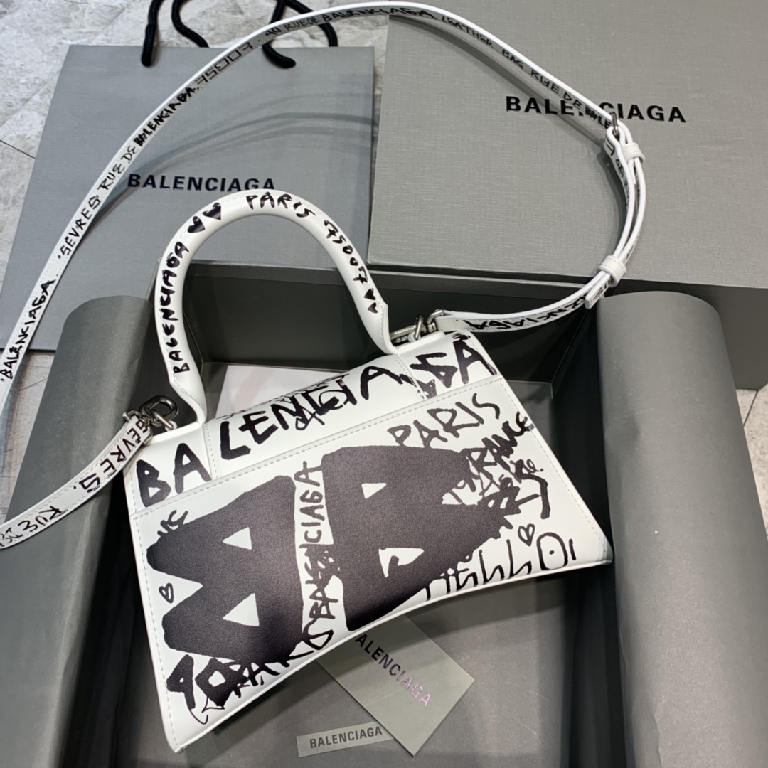 Balenciaga Hourglass Small Handbag Graffiti Shoulder Bag White